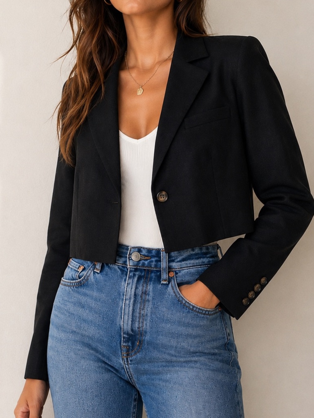 Something Navy Cropped Linen Blend Blazer Black One Button Lightweight Size S